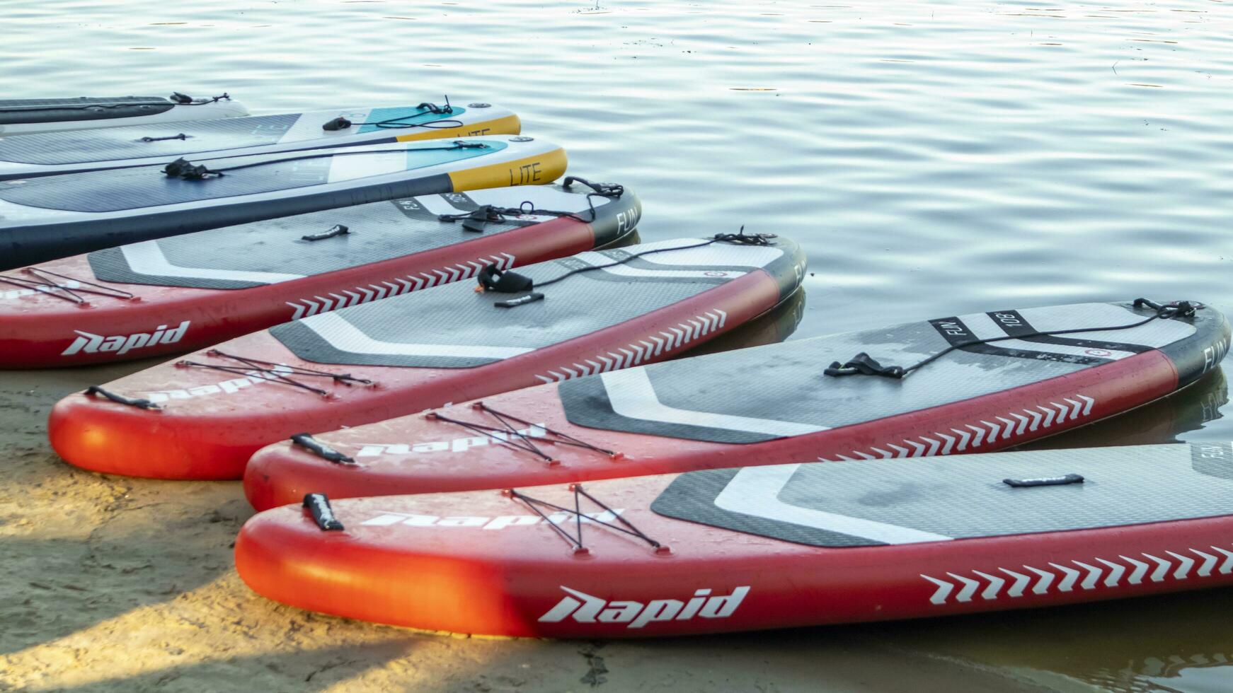 Empty SUP boards sway on the waves on a calm river or lake. Water sports. Lots of boards at the rental shop, the sun reflecting off the ripples of the water. Panning. Ukraine, Kyiv - August 07, 2022. photo