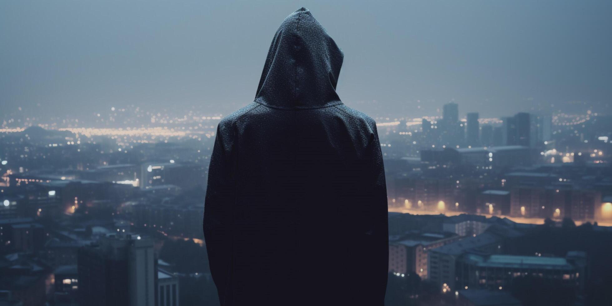 Hooded figure on rainy city photo