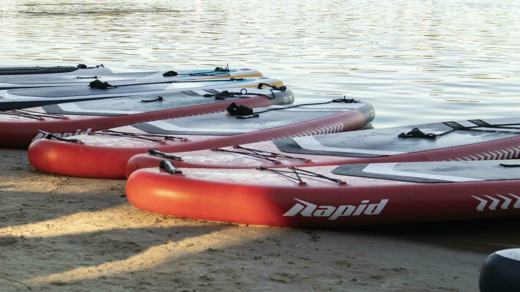 Empty SUP boards sway on the waves on a calm river or lake. Water sports. Lots of boards at the rental shop, the sun reflecting off the ripples of the water. Panning. Ukraine, Kyiv - August 07, 2022. photo