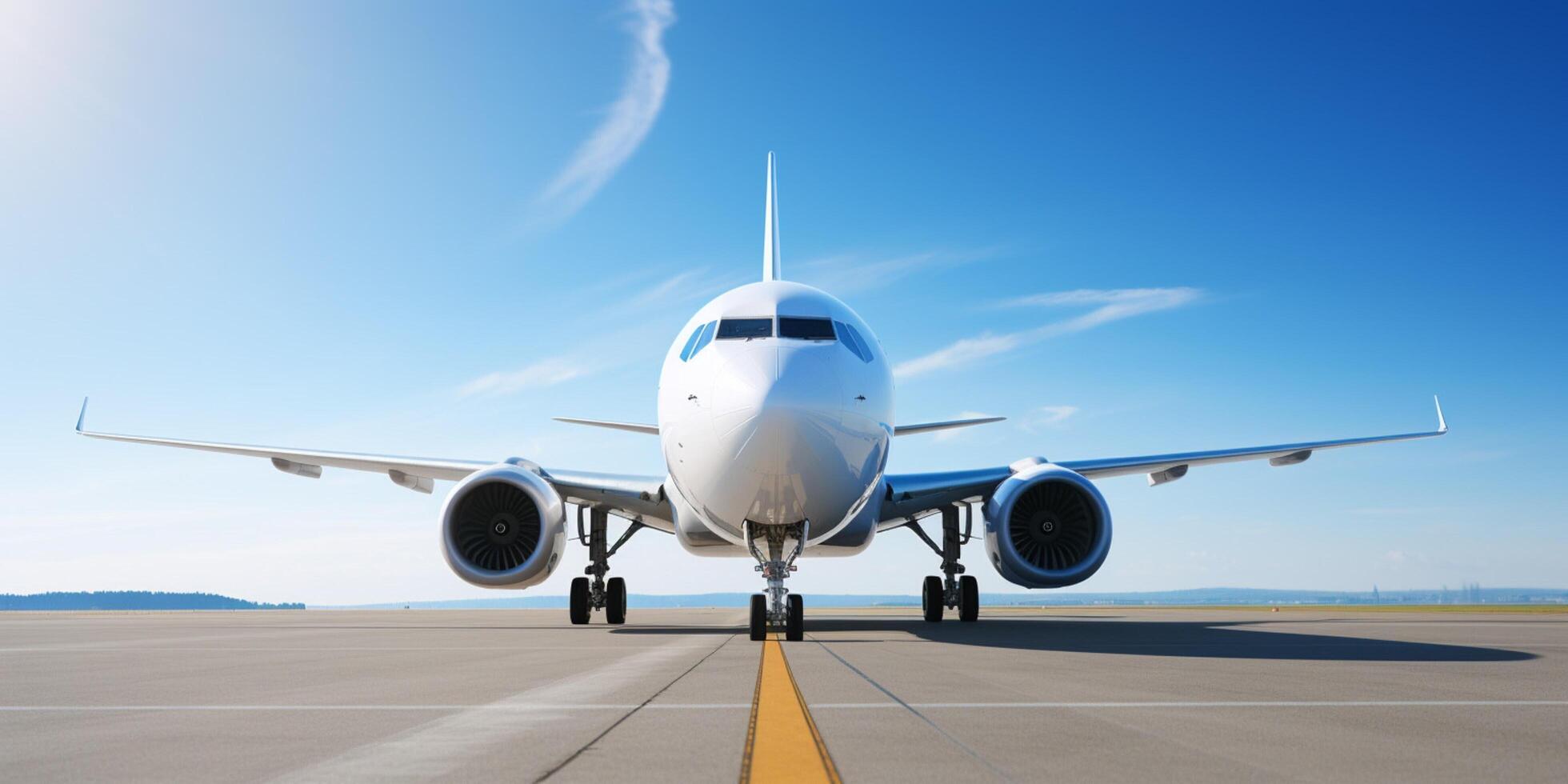 Plane on a runway with sky in the background photo