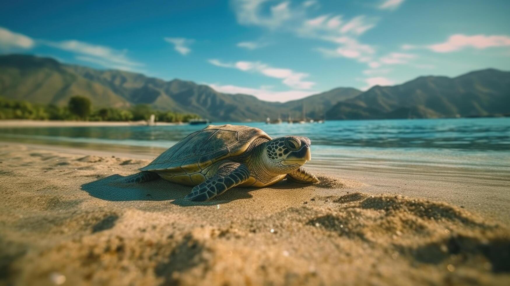 Sea turtle crawling on the sandy beach. Illustration photo