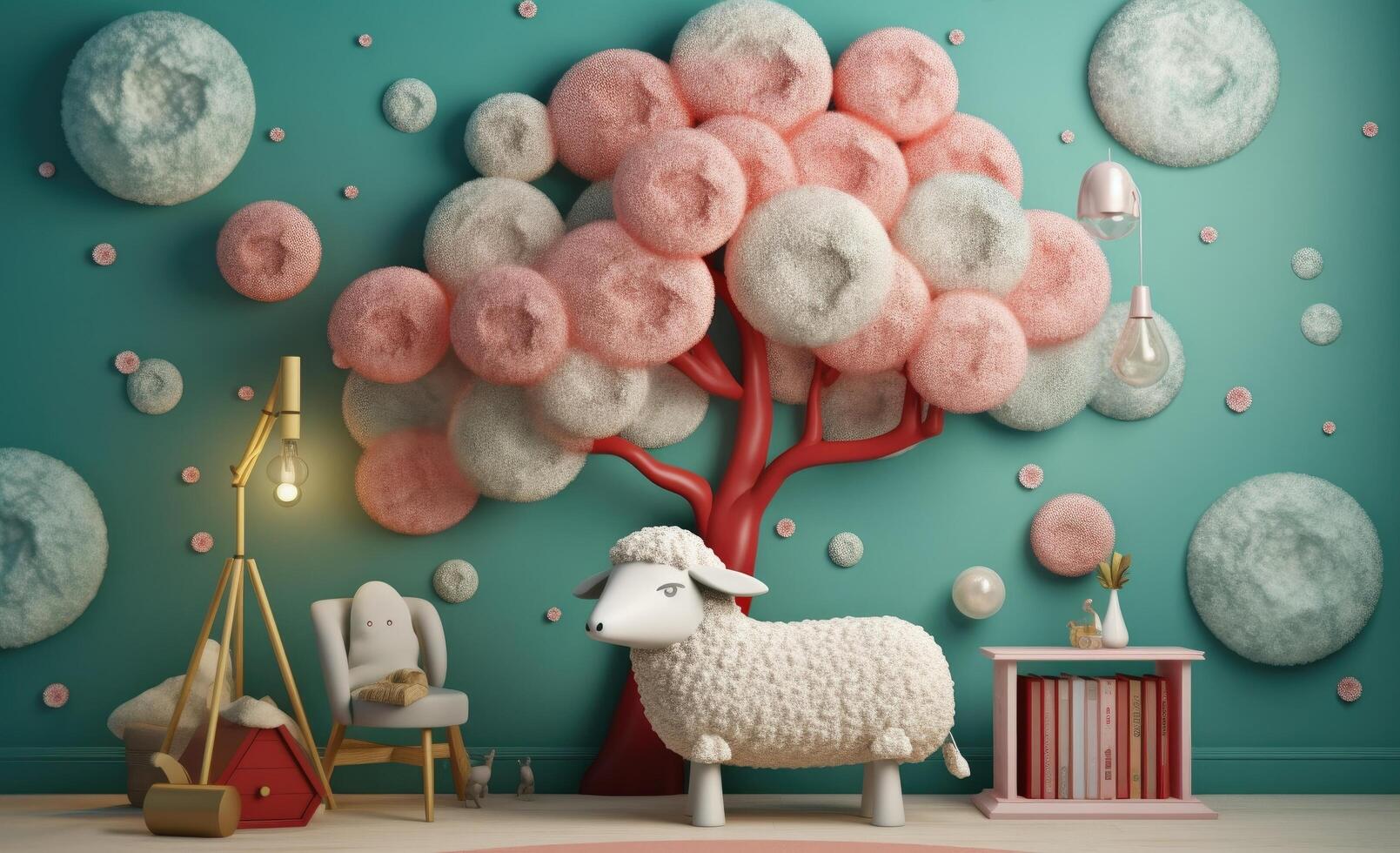 3d cute sheep and tree. Illustration photo