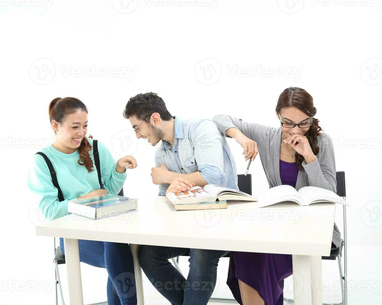 Yong south east Asian middle eastern Caucasian youth man woman in casual dress walk talk fun sit at table book notebook pen laptop computer study think read on white background photo