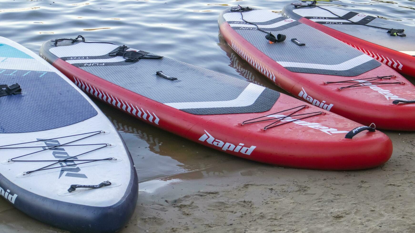 Empty SUP boards sway on the waves on a calm river or lake. Water sports. Lots of boards at the rental shop, the sun reflecting off the ripples of the water. Panning. Ukraine, Kyiv - August 07, 2022. photo