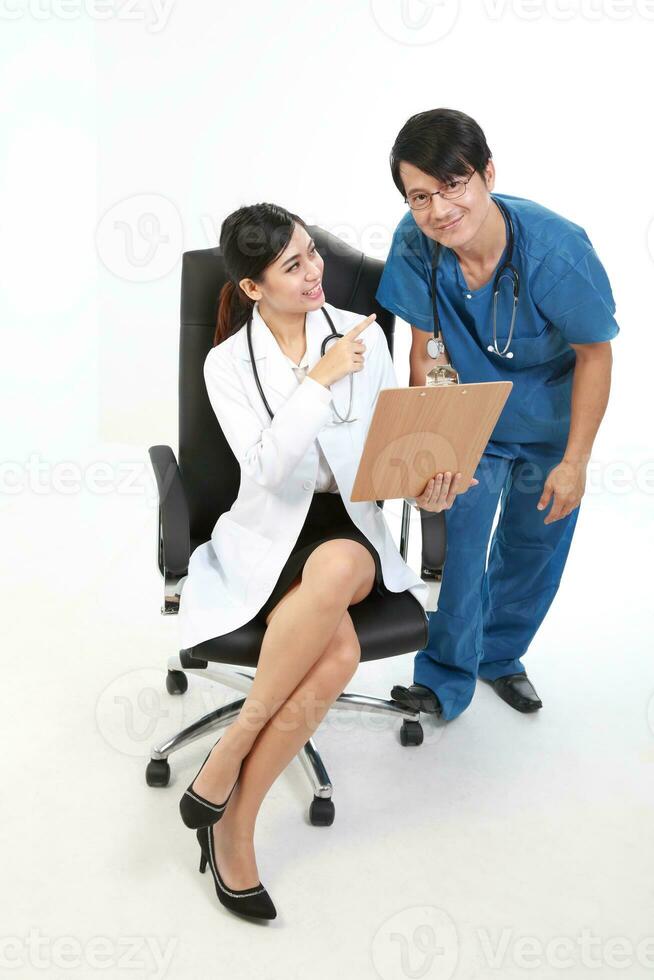 Young Asian male female doctor wearing apron uniform tunic apron hold photo