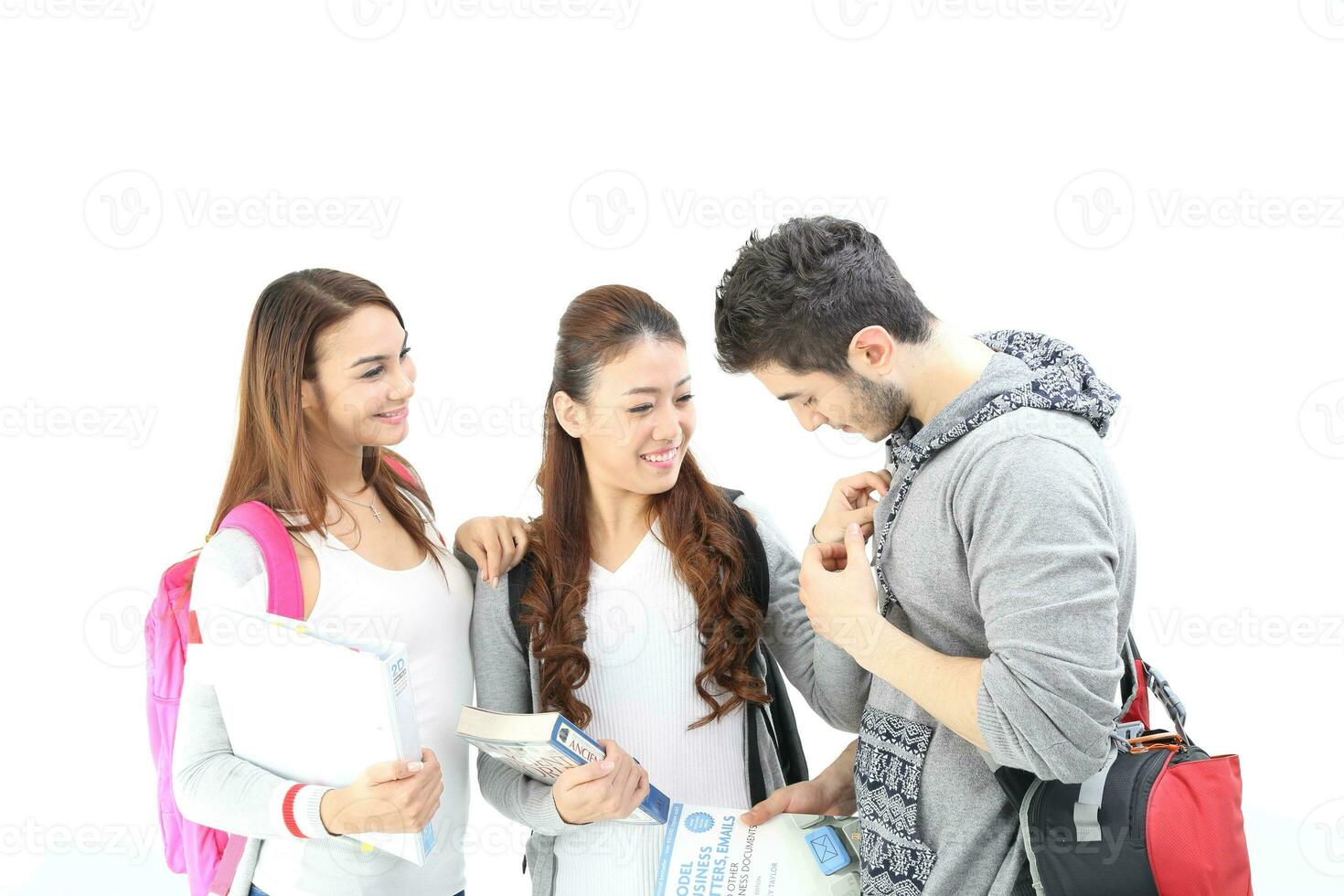 Yong south east Asian middle eastern Caucasian youth man woman in casual dress walk talk fun sit at table book notebook pen laptop computer study think read on white background photo