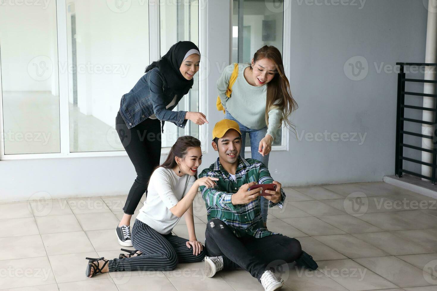 Young asian malay chinese man woman indoor stair corridor campus book file folder laptop computer phone sit stand study mingle happy selfie photo