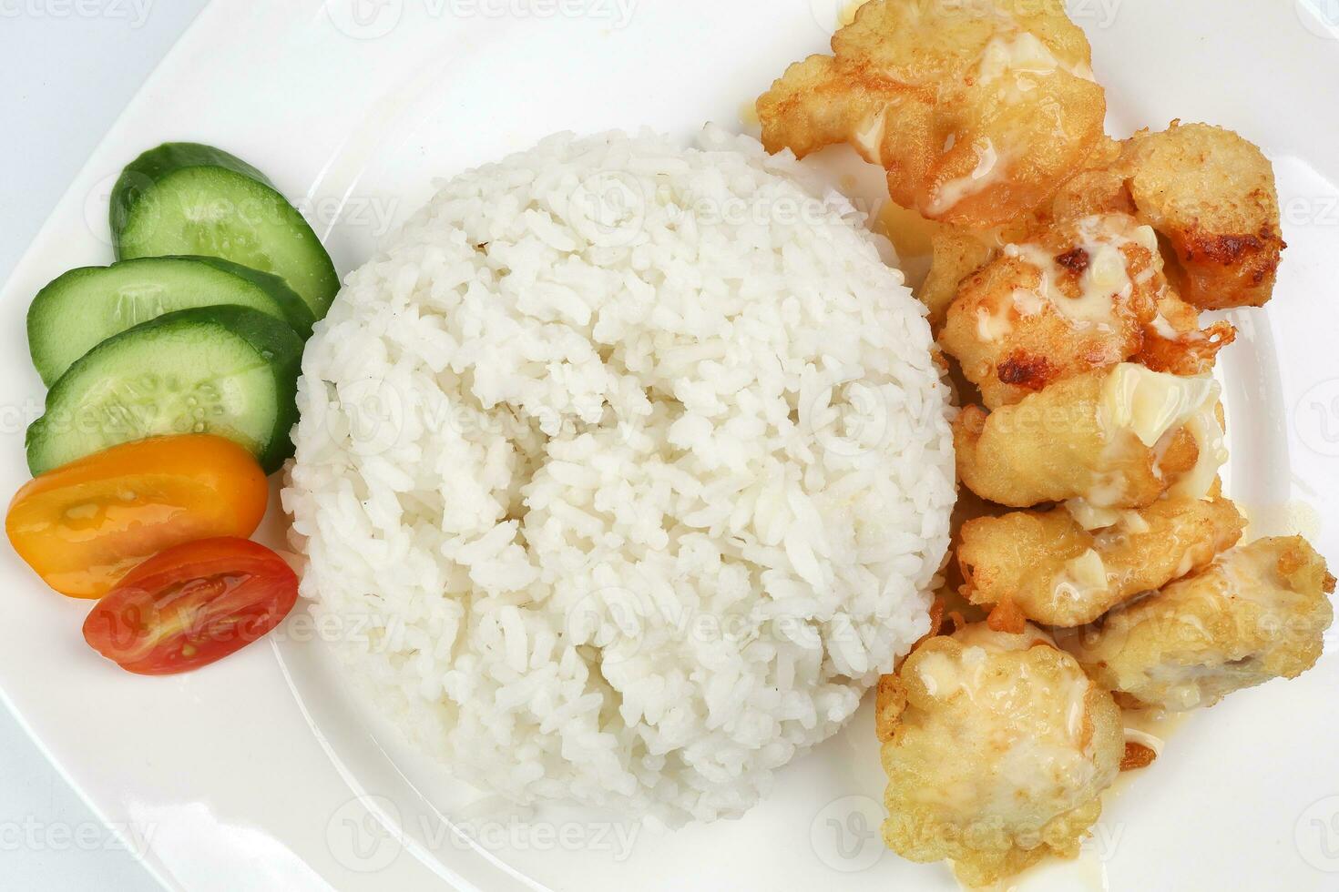 Butter Chicken Rice deep fried boneless chicken cube topped with sweet butter sauce with white rice cucumber and tomato slice photo