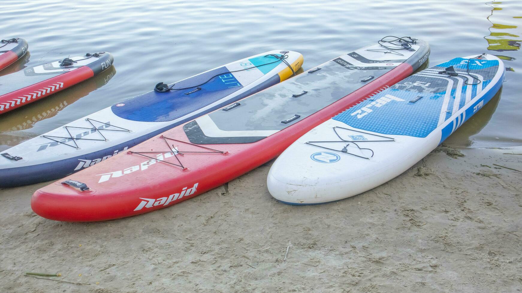 Empty SUP boards sway on the waves on a calm river or lake. Water sports. Lots of boards at the rental shop, the sun reflecting off the ripples of the water. Panning. Ukraine, Kyiv - August 07, 2022. photo