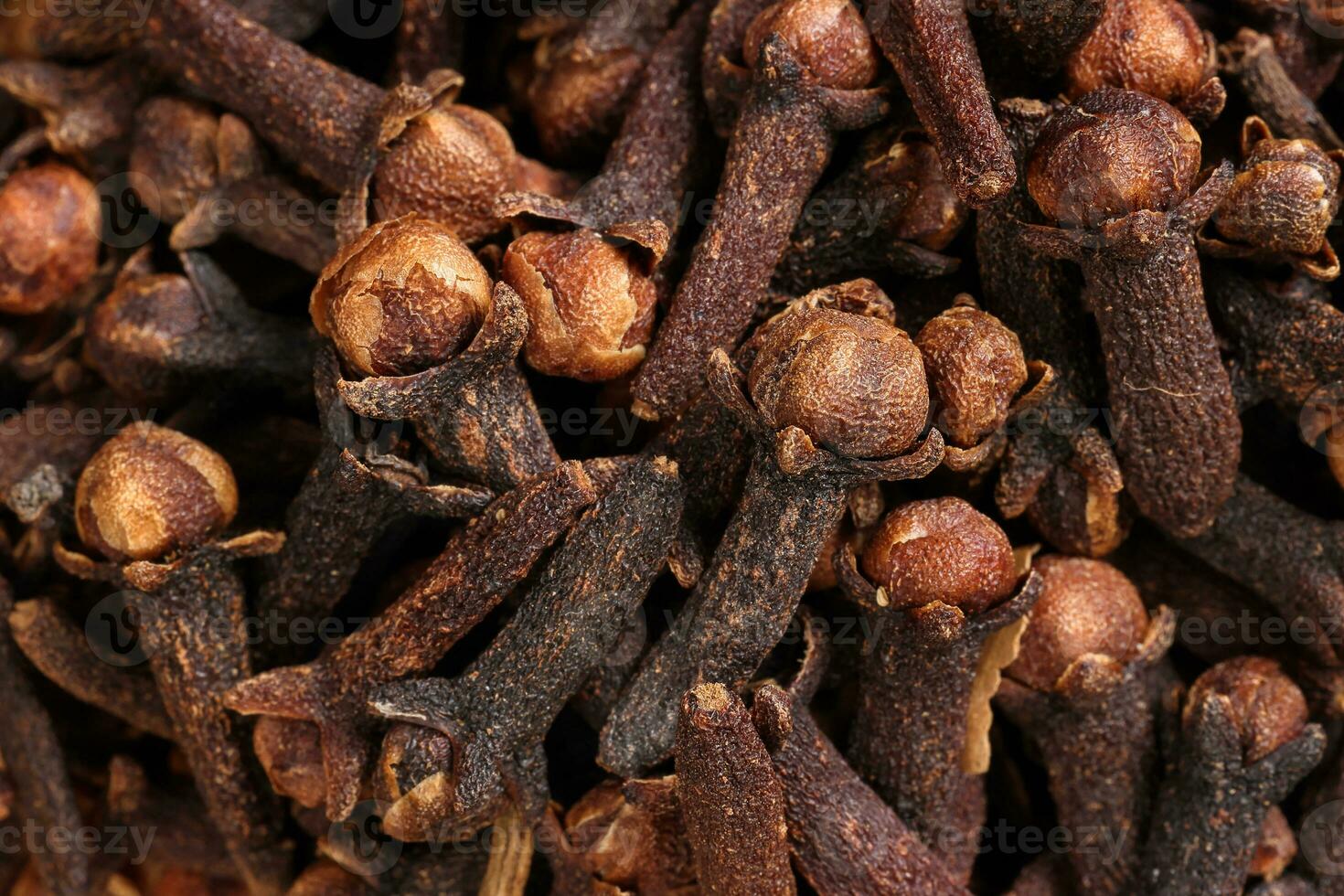 Fragrant dry clove but spice macro closeup top view pileup photo