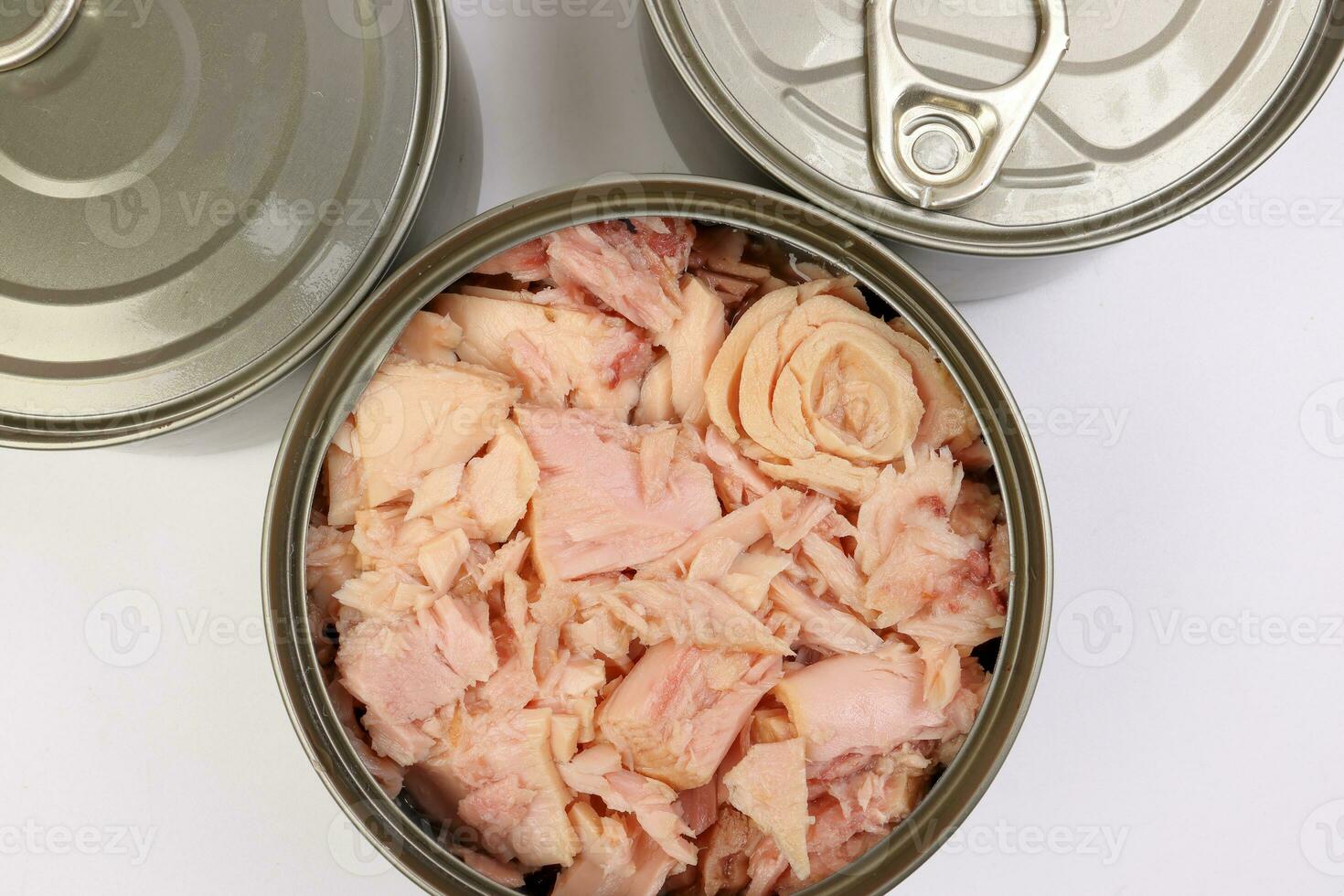 Tuna fish meat flaky chunk in tin can on white background 24510712 Stock Photo at Vecteezy
