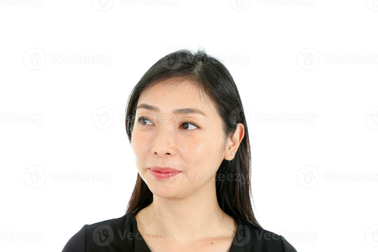 Facial Expression Young Asian woman office attire white background look right photo