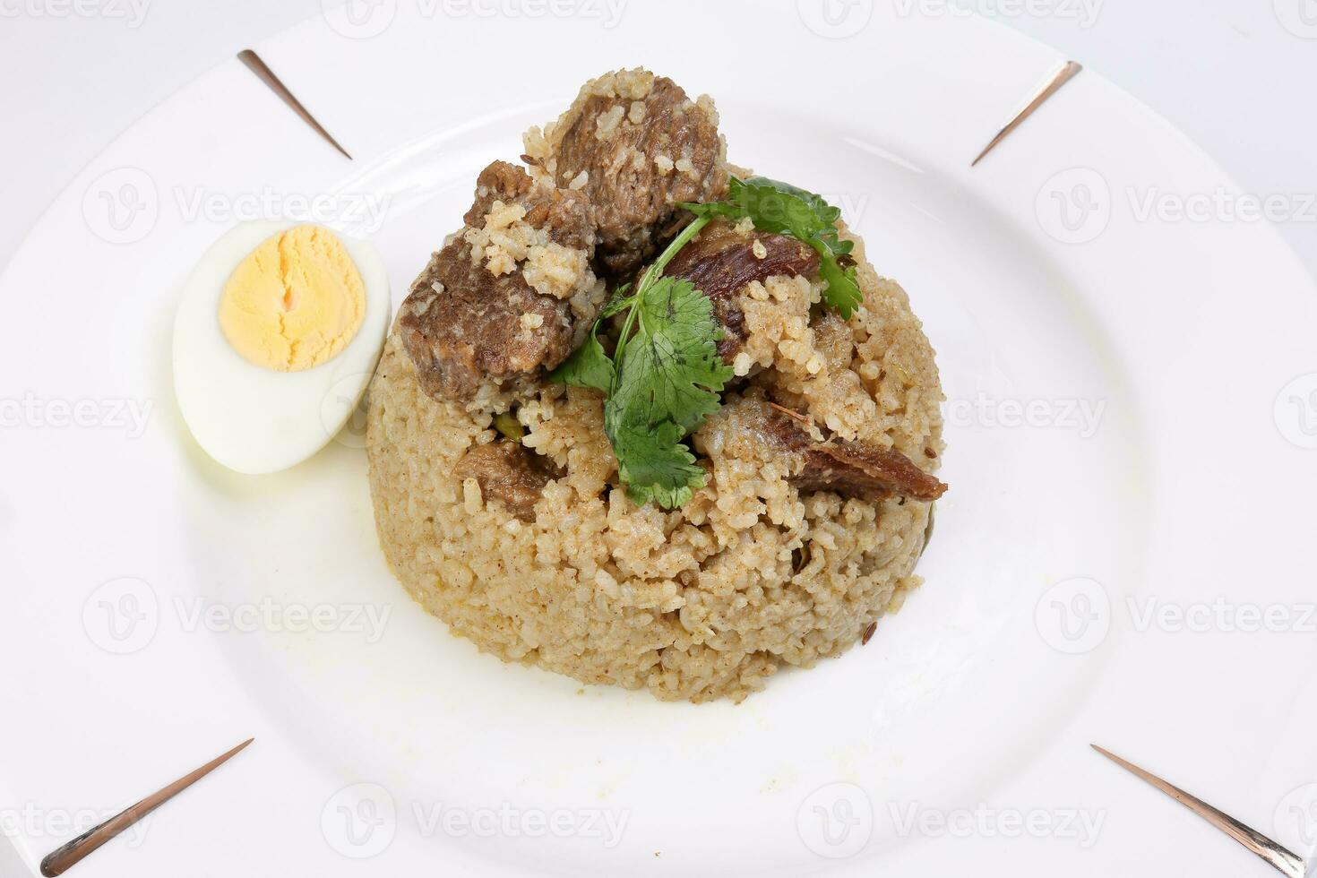 Beef Biryani Tehari cooked in mustered oil with boiled egg coriander leaf garnish on white plate over white background photo