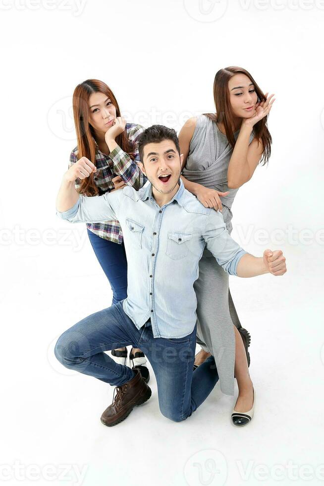 Yong south east Asian middle eastern Caucasian youth man woman in casual dress happy smile victory fist in air praised cheered stand kneel on white background photo