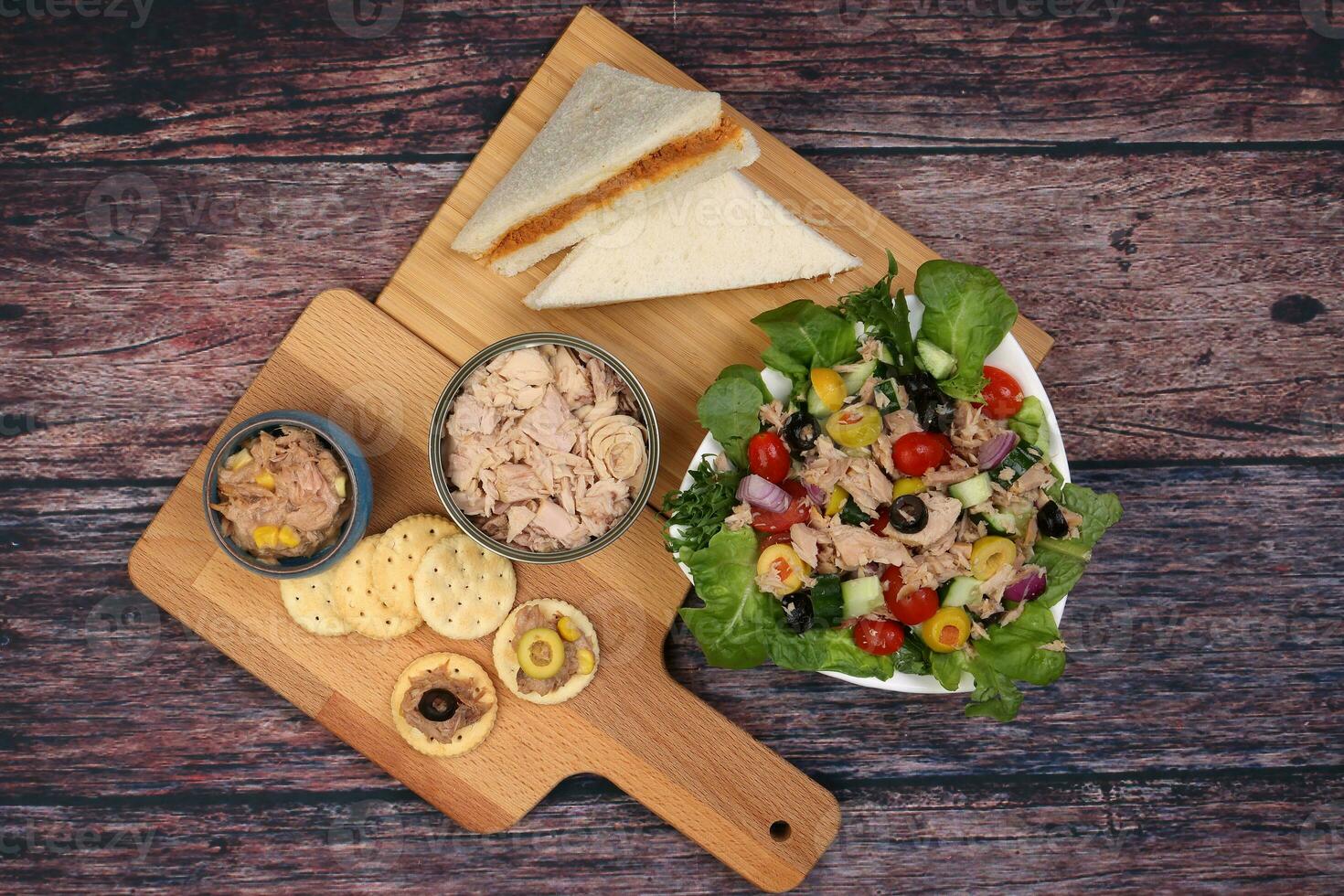 Tin can tuna fish meat chunk flake product recipes salad spread topping tapas cracker sandwich on wooden black slate board over rustic wooden table photo