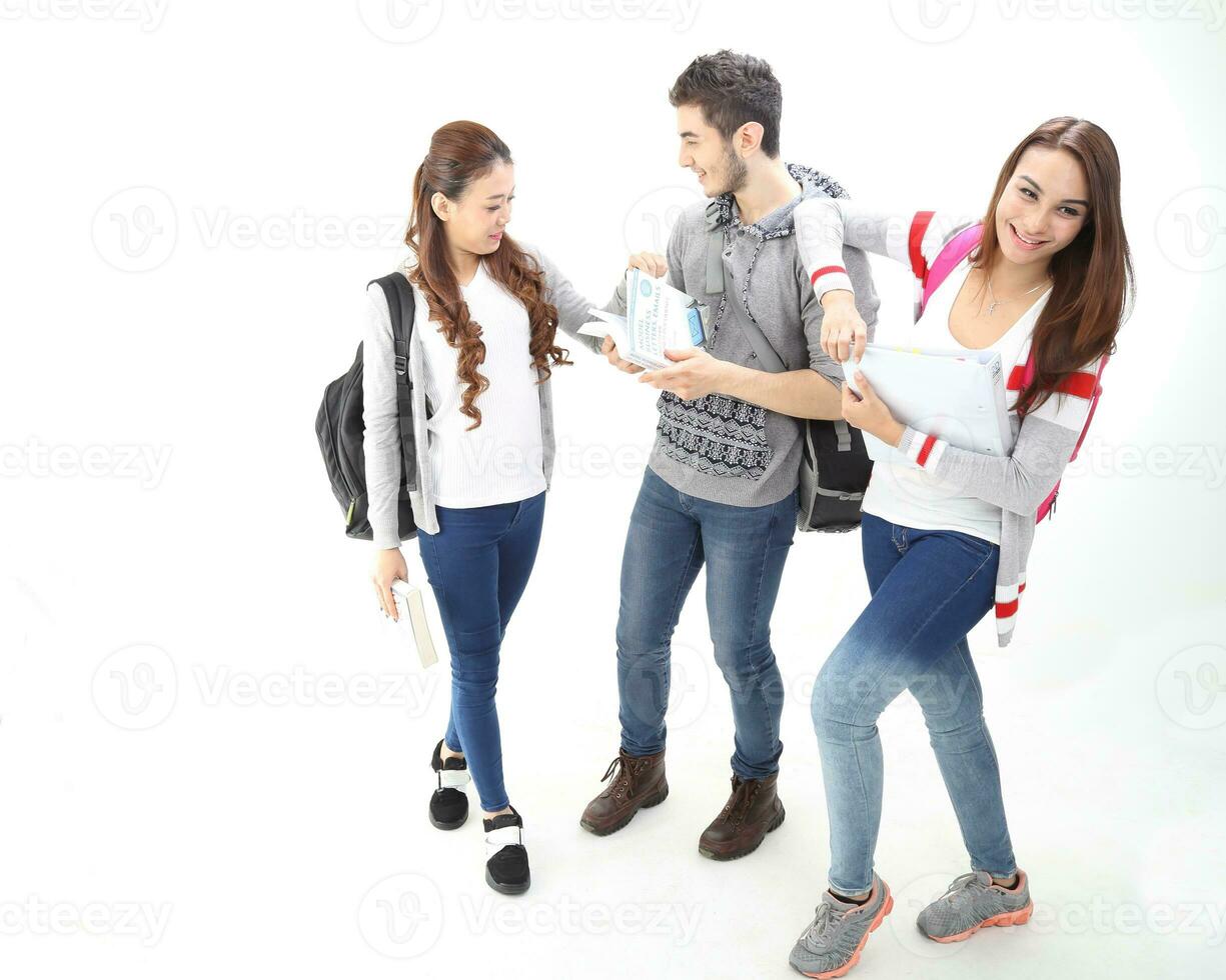 Yong south east Asian middle eastern Caucasian youth man woman in casual dress walk talk fun sit at table book notebook pen laptop computer study think read on white background photo
