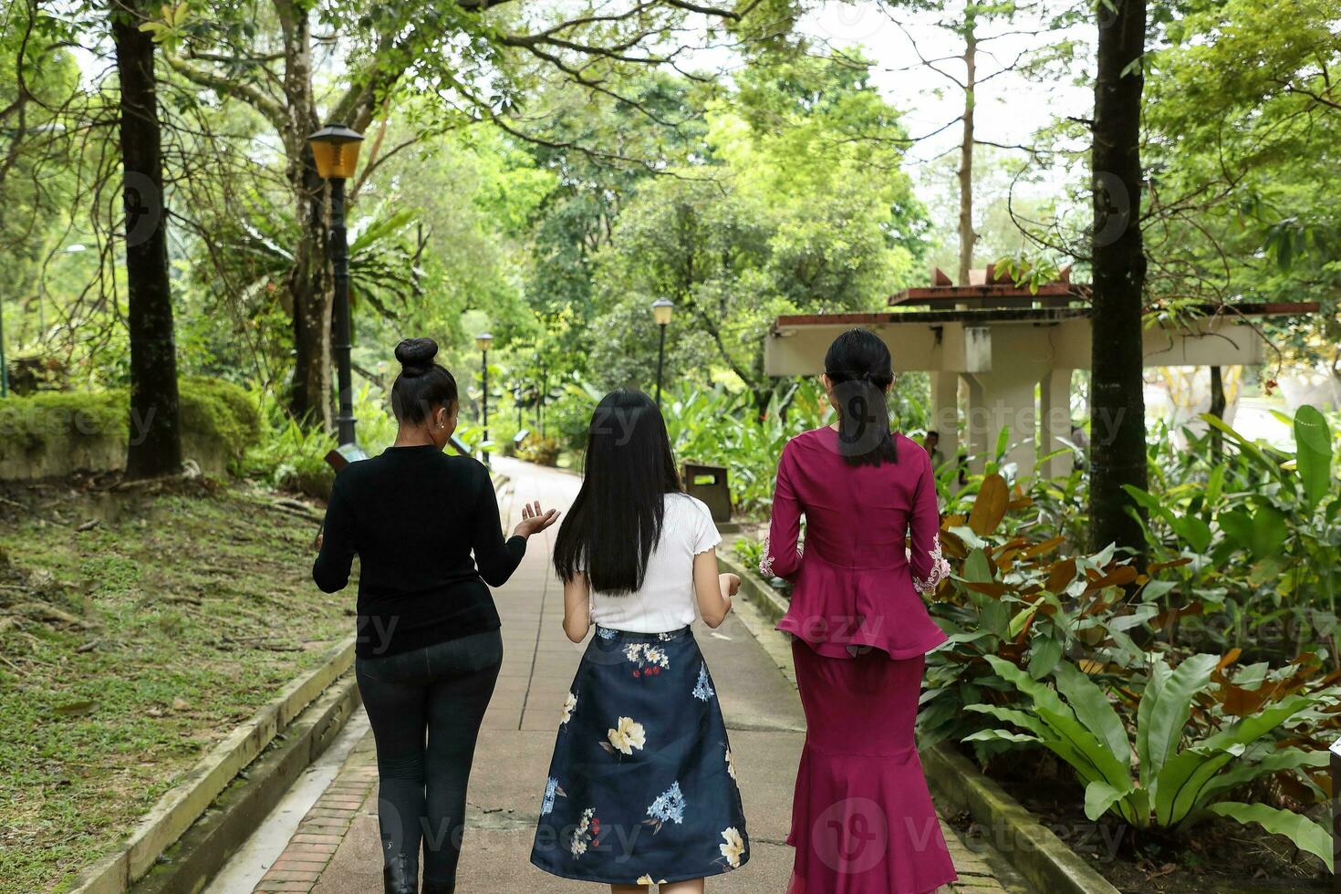 Group of woman Malay Chinese Indian Asian outdoor green park walk talk mingle from behind photo