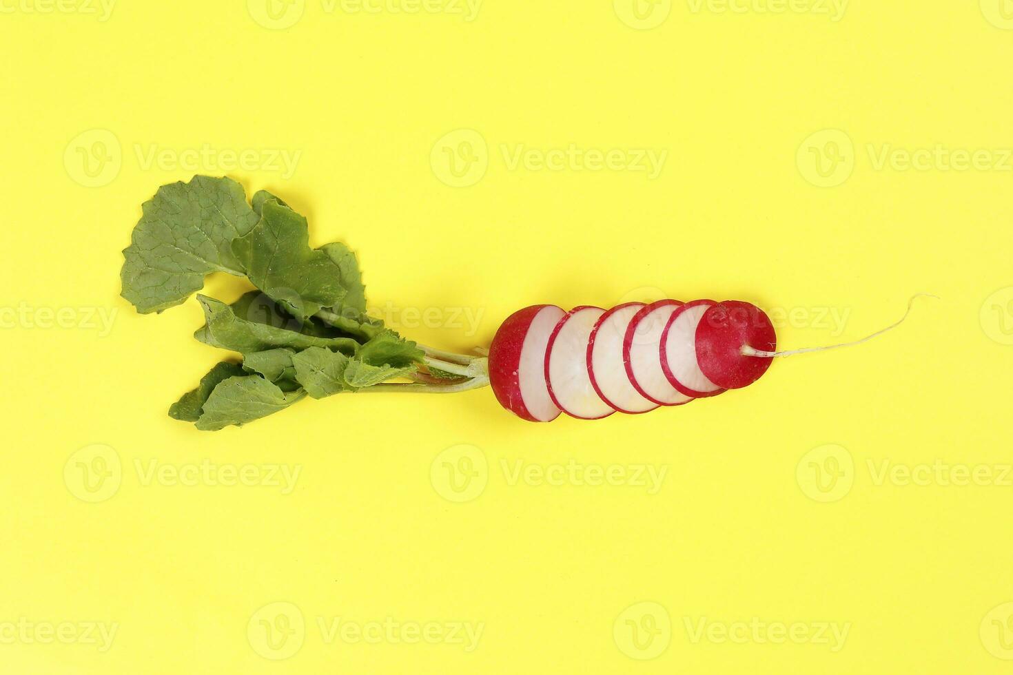 Small red radish on yellow background photo