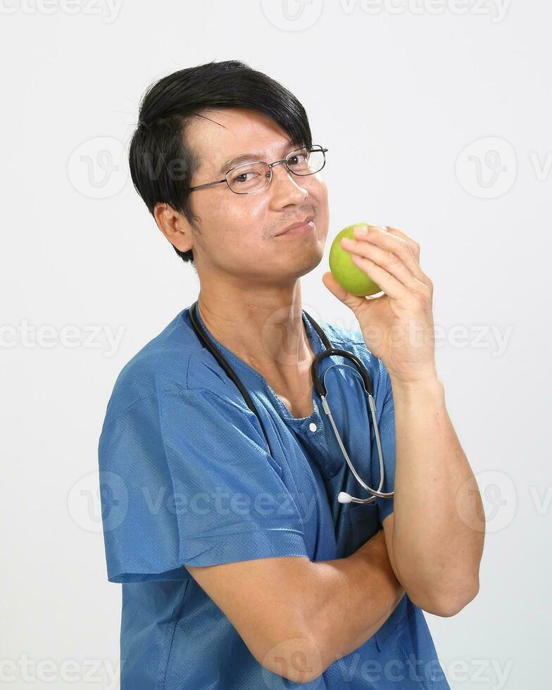 Young Asian male female doctor wearing apron uniform tunic apron hold photo