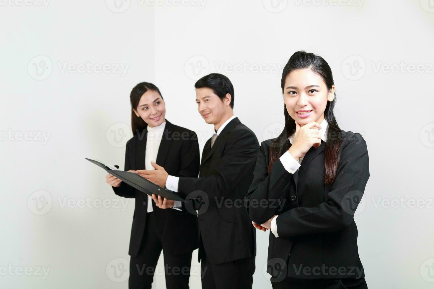 Young Asian man woman wearing business office suit stand white background photo