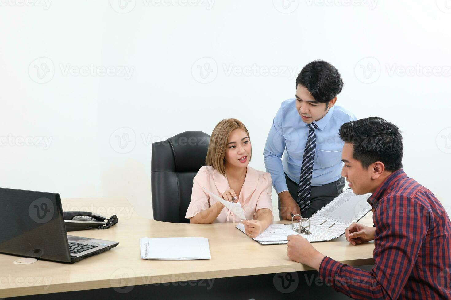 Asian young man woman malay chinese office table sit stand client meeting talk discuss show see point explain file document folder photo