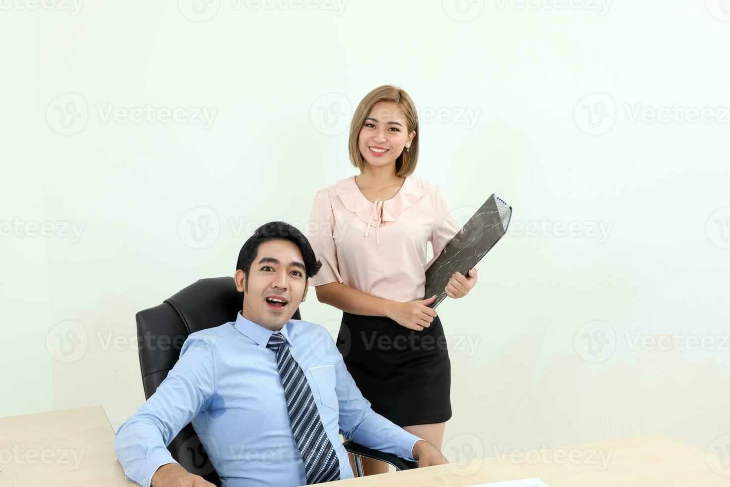 Asian young man woman malay chinese office confident happy sit stand look holding file folder photo