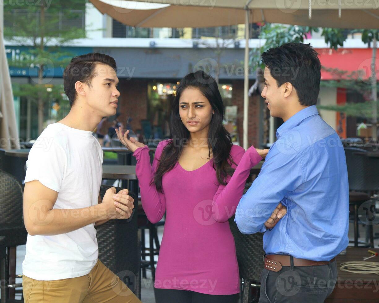 Asian young man woman friend student colleagues outdoor active work study relax photo