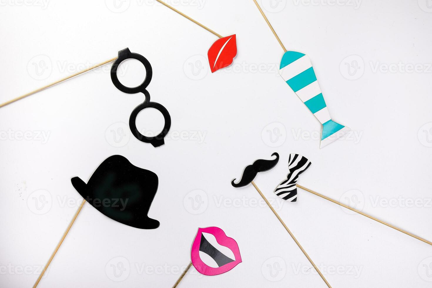 Black round eyewear spectacle frame hat moustache blue neck tie red crown lip smile shape paper die cut selfie portrait party fun paper prop sticker stick on white background photo