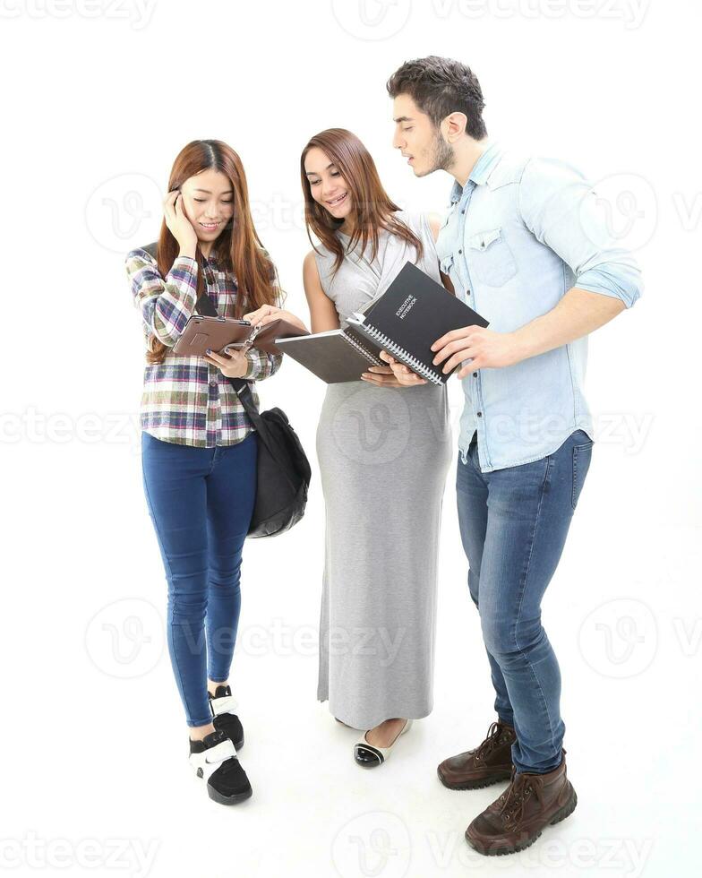 Yong south east Asian middle eastern Caucasian youth man woman in casual dress walk talk fun sit at table book notebook pen laptop computer study think read on white background photo