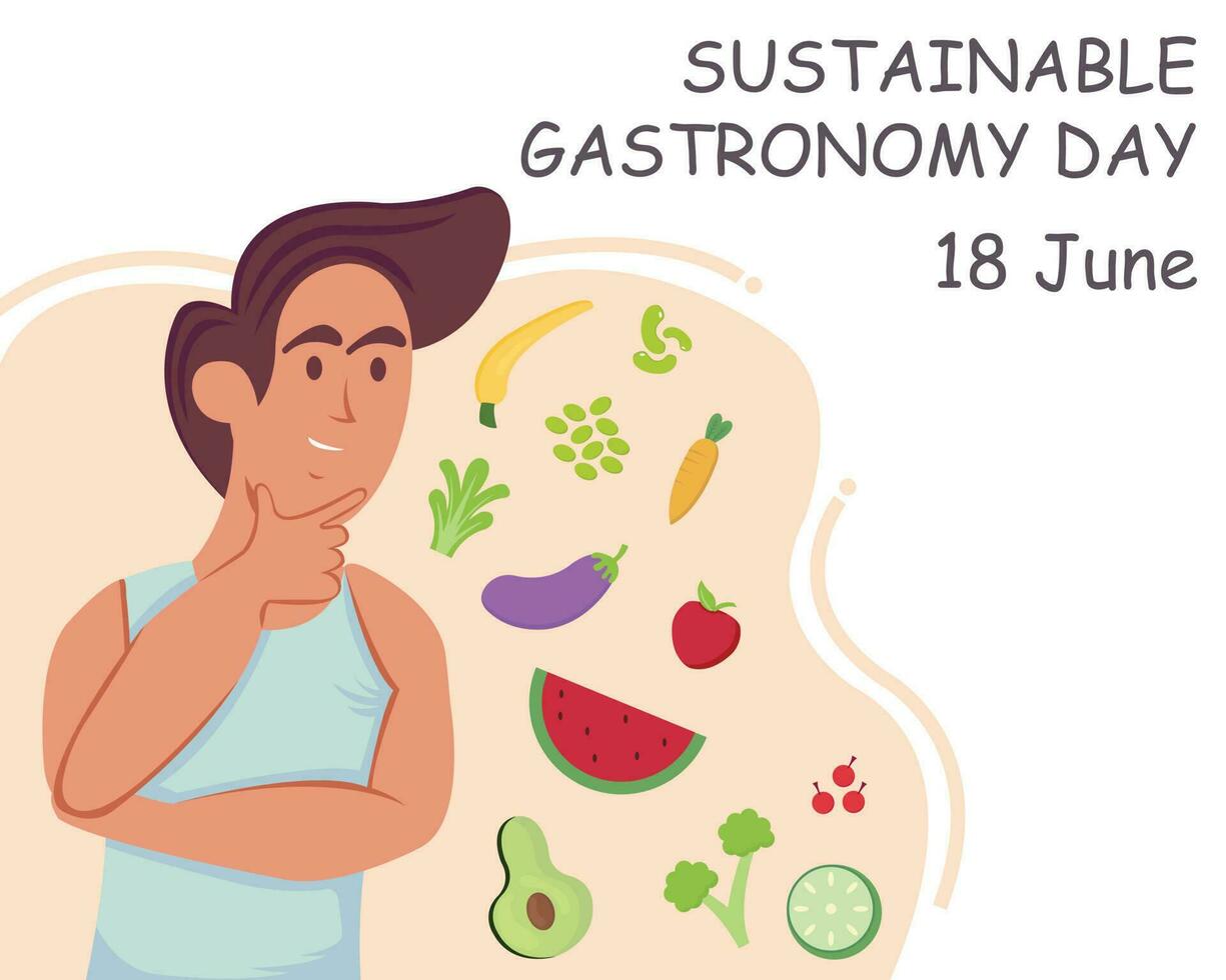 illustration vector graphic of a man is thinking about a menu of healthy fruits and vegetables, perfect for international day, sustainable gastronomy day, celebrate, greeting card, etc.