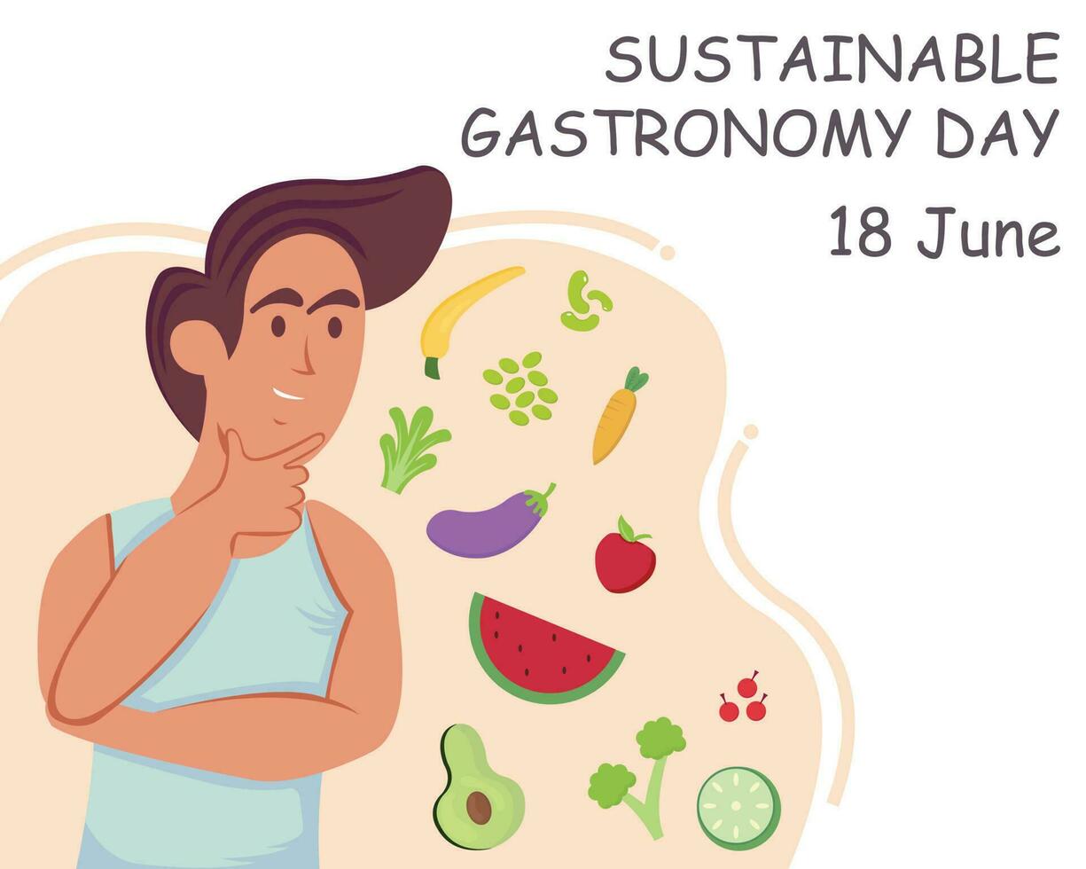 ilustración vector gráfico de un hombre es pensando acerca de un menú de sano frutas y verduras, Perfecto para internacional día, sostenible gastronomía día, celebrar, saludo tarjeta, etc.