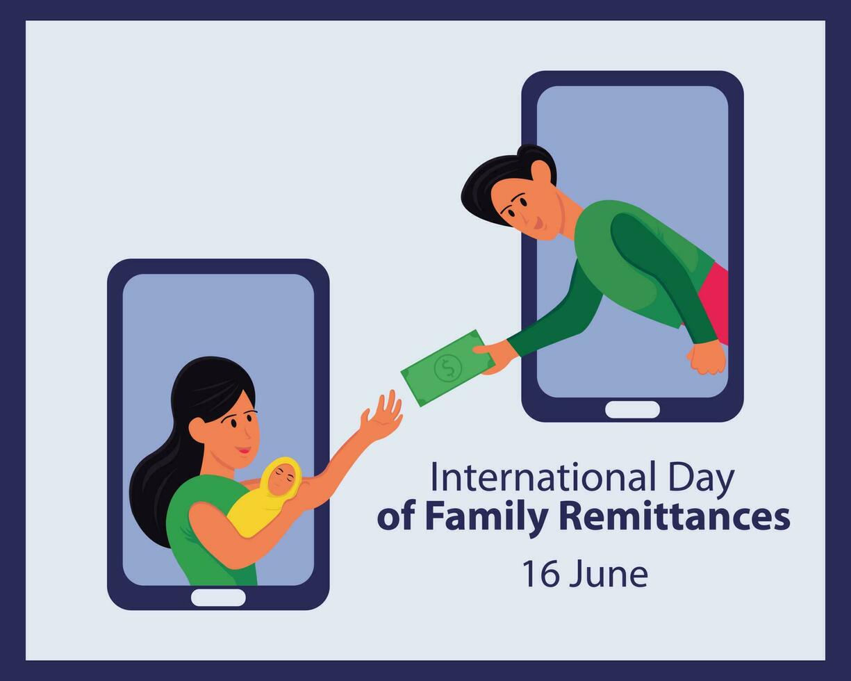 illustration vector graphic of a husband sends money to his wife and child using a mobile smartphone, perfect for international day, international day of family remittances, celebrate.