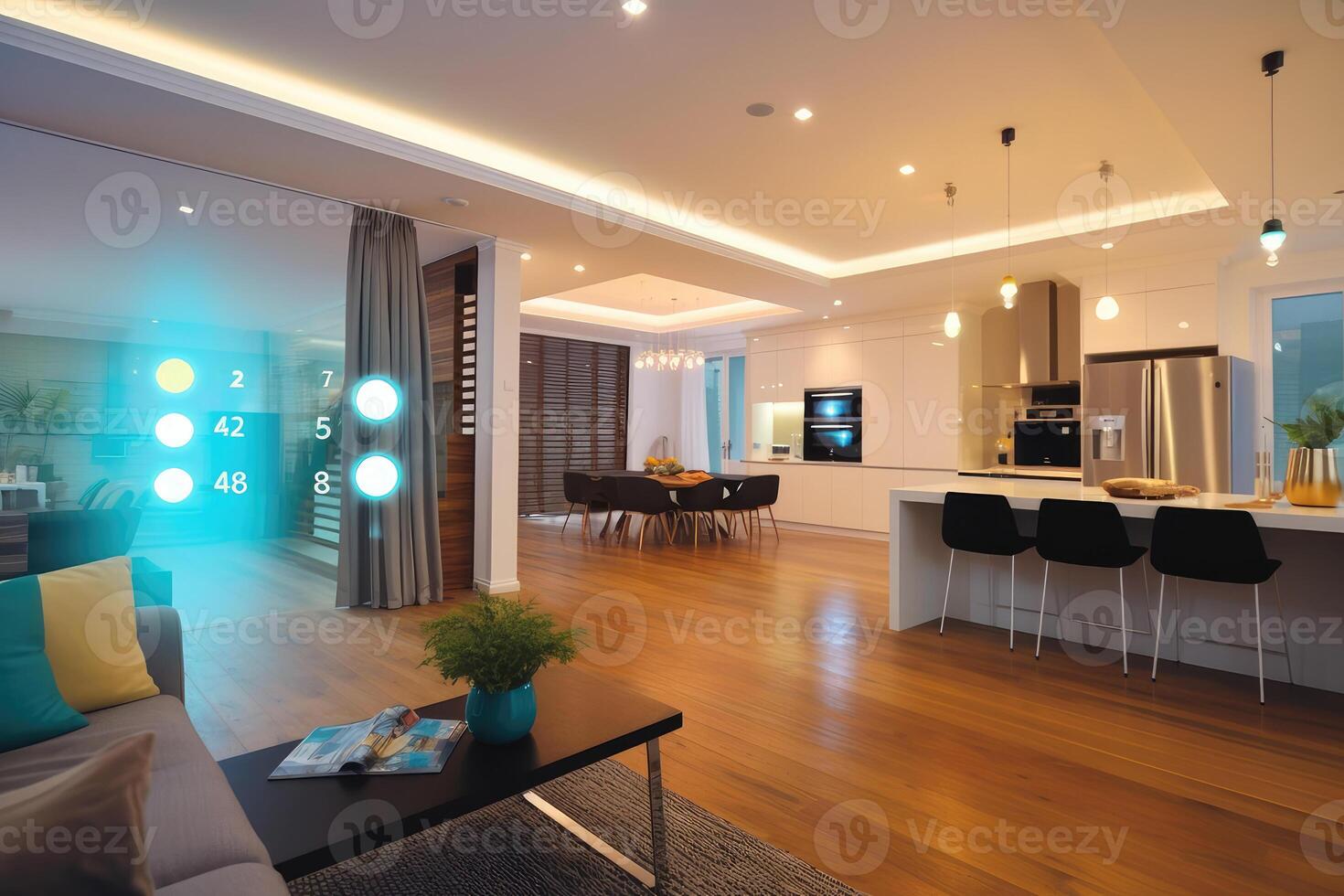 Smart home interior with interactive buttons, photo