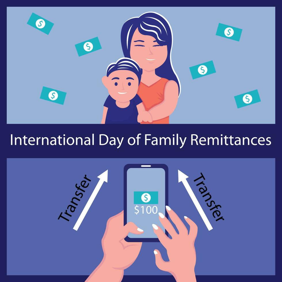 illustration vector graphic of a pair of hands using a smartphone to transfer money to his family, perfect for international day, international day of family remittances, celebrate, greeting card.