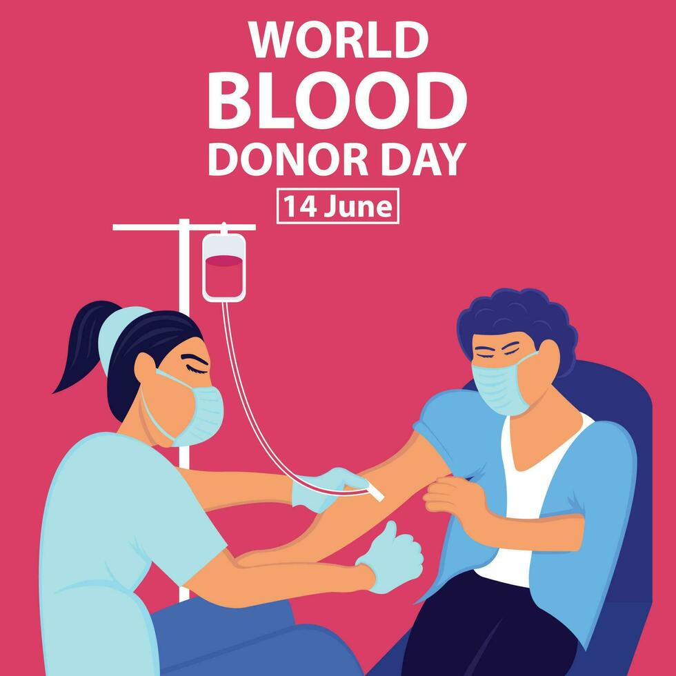 ilustración vector gráfico de un mujer es donando sangre asistido por un enfermero, Perfecto para internacional día, mundo sangre donante día, celebrar, saludo tarjeta, etc.