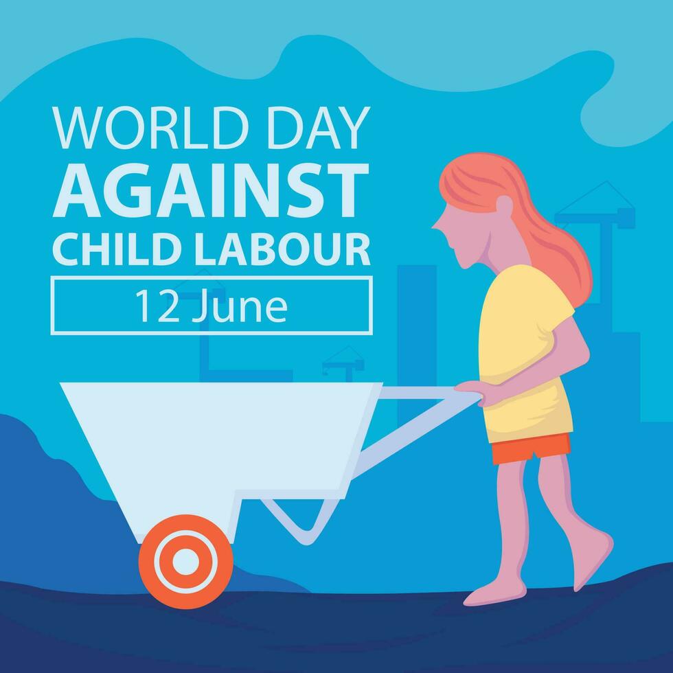 illustration vector graphic of a girl pushing a trolley in the project area, perfect for international day, world day against child labour, celebrate, rgeeting card, etc.