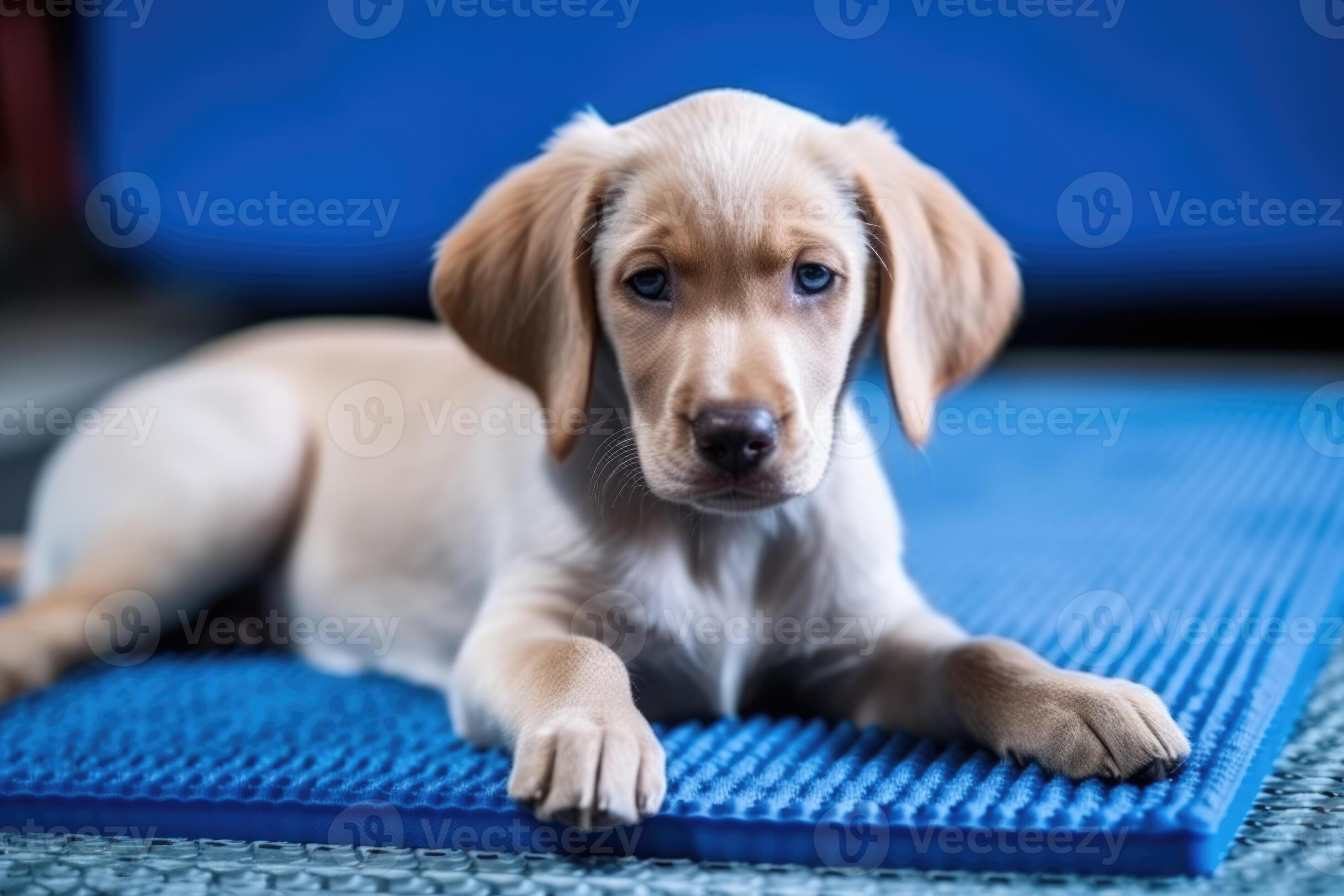 Cute dog lying on cool mat in hot day looking up, isolated, summer heat