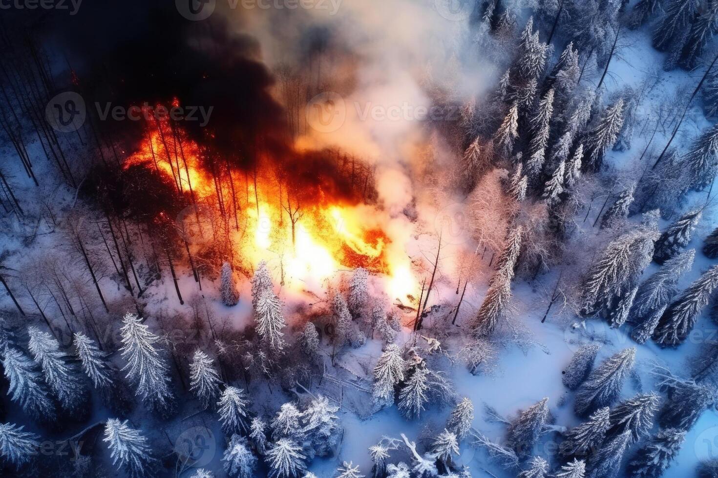 Aerial view wildfire in woods, draught and hot weather. photo