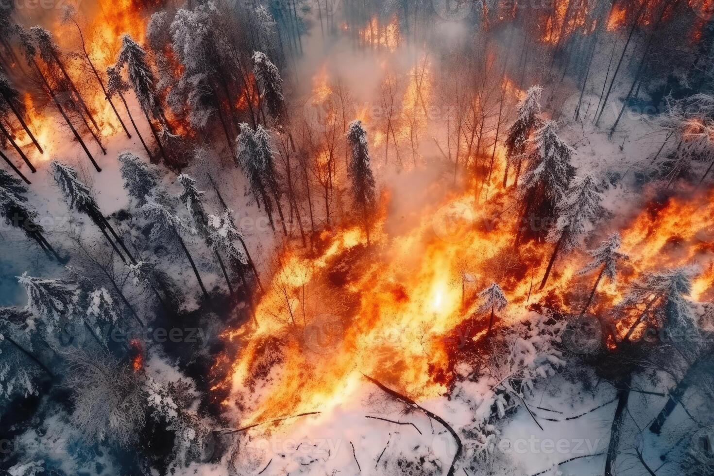 Aerial view wildfire in woods, draught and hot weather. photo