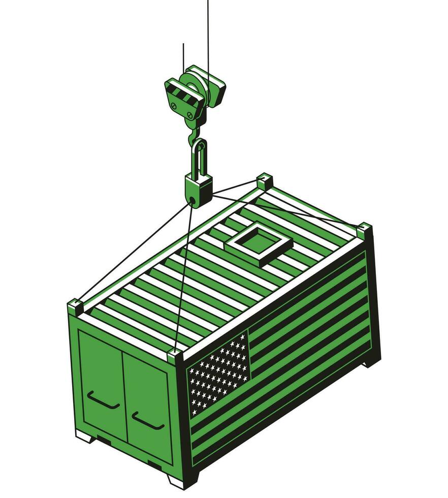 green cargo container on crane hook vector illustration