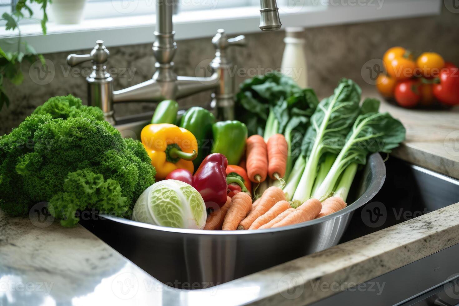 various vegetables to wash in sink, photo