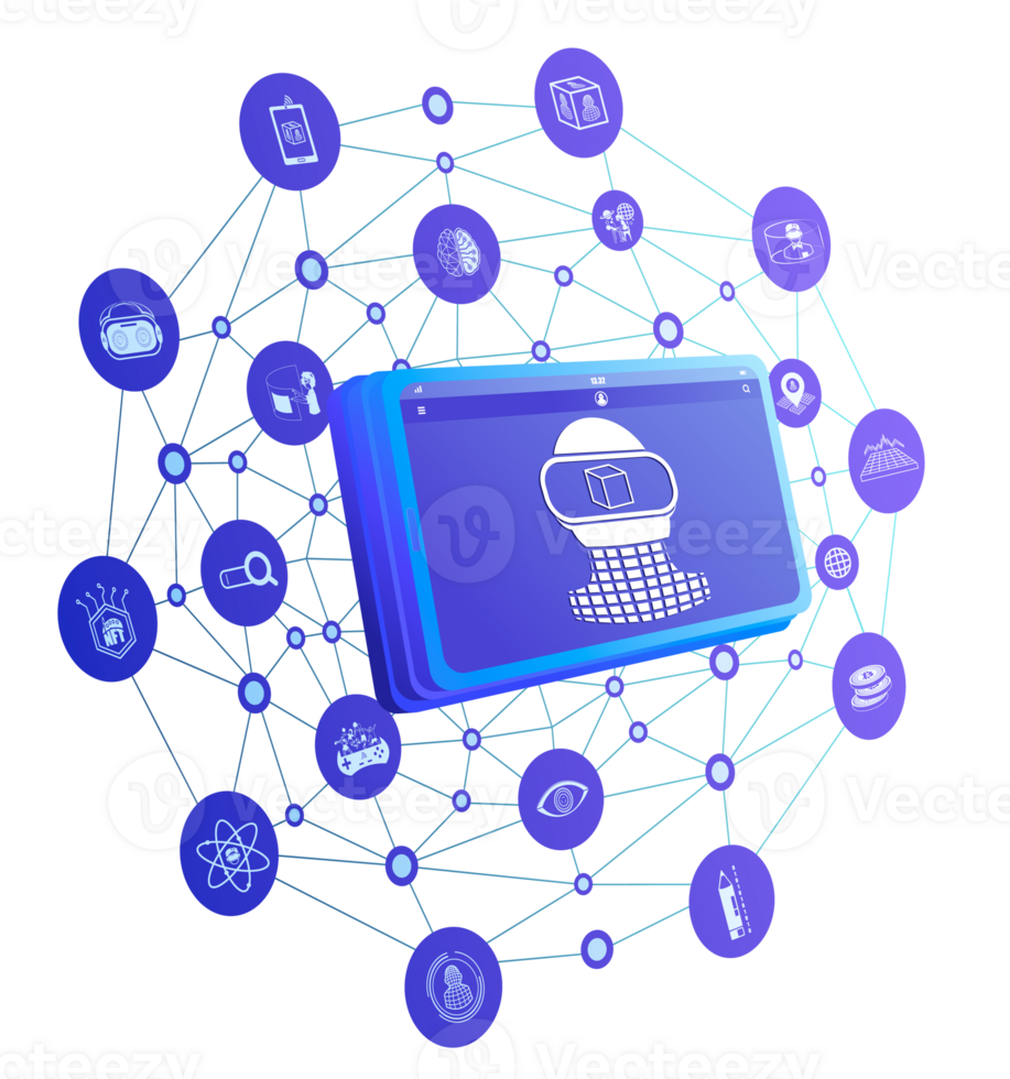 3D illustration tablet with metaverse icons on line polygon png