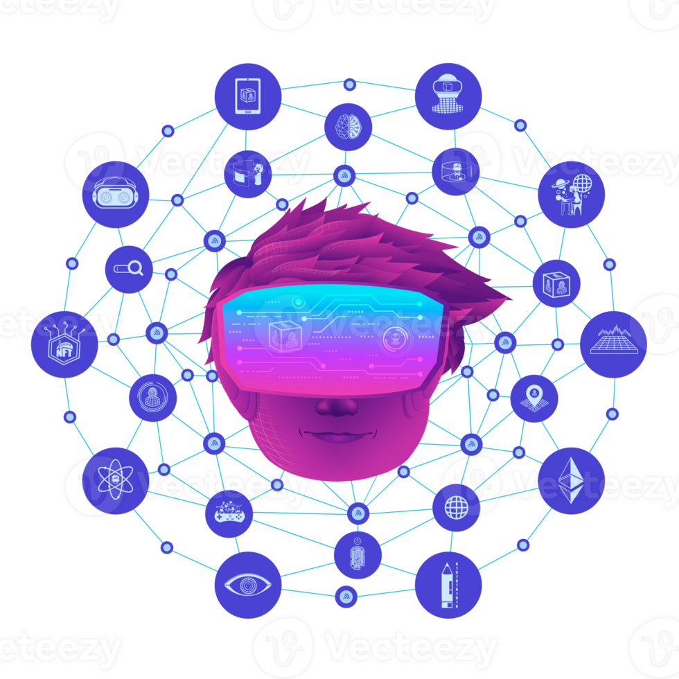 A Boy head use VR virtual reality goggle and metaverse icons with line polygon background.Education for metaverse concept png