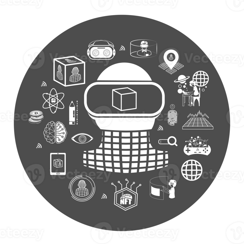 Group of black and white metaverse icons set.Metaverse learning concept. png