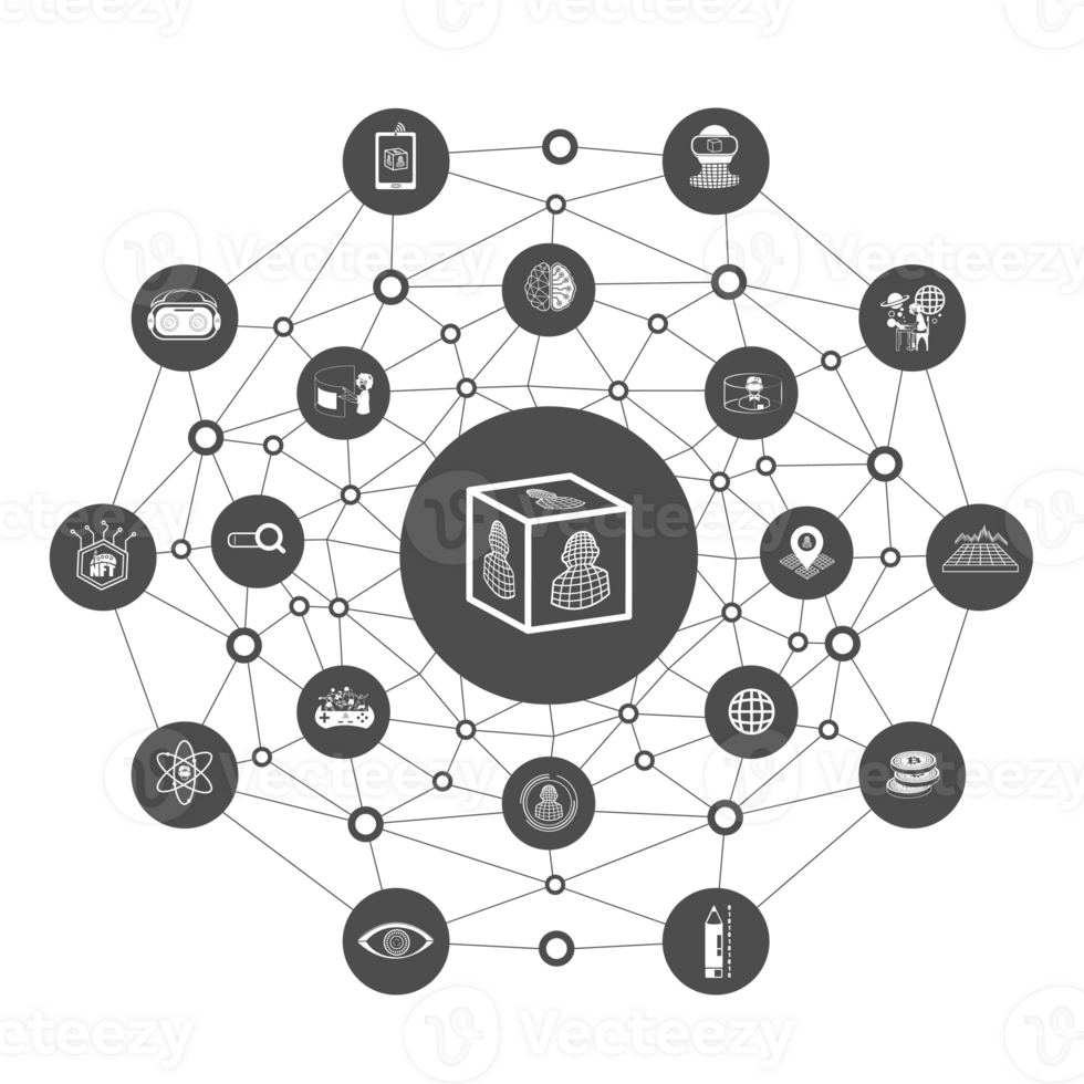 Group of black and white metaverse icons with line polygon background.Education for metaverse concept png