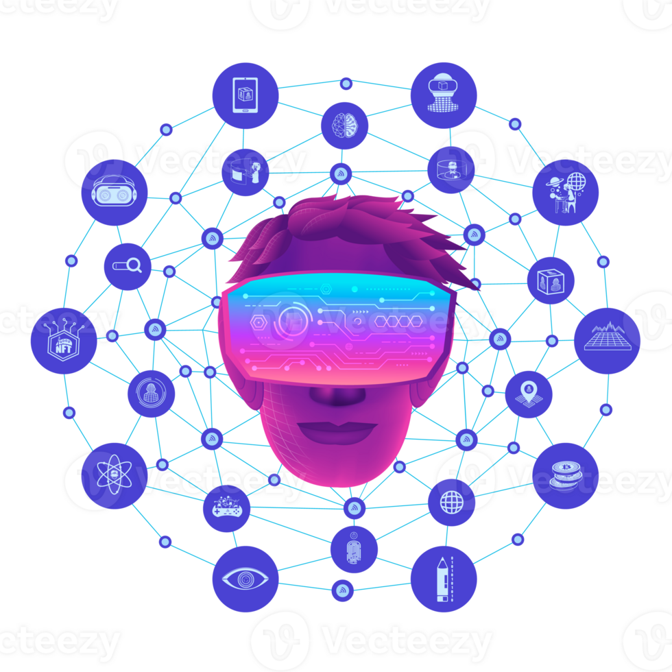 A man head use VR virtual reality goggle and metaverse icons with line polygon background.Education for metaverse concept png