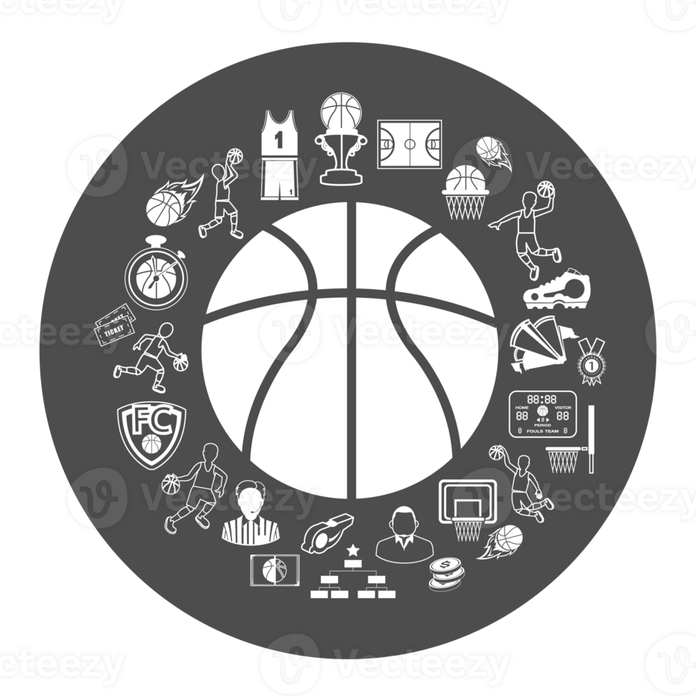 Group of black and white Basketball icons set.Basketball learning concept. png