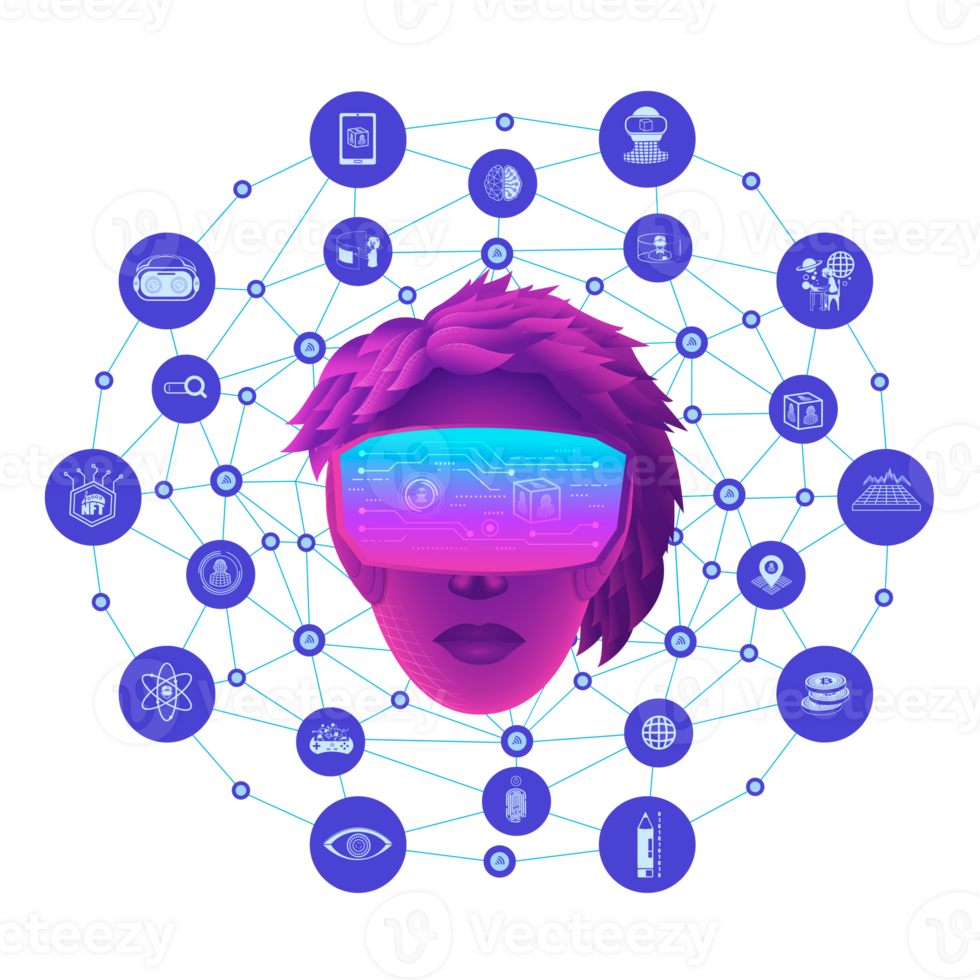 A woman head use VR virtual reality goggle and metaverse icons with line polygon background.Education for metaverse concept png