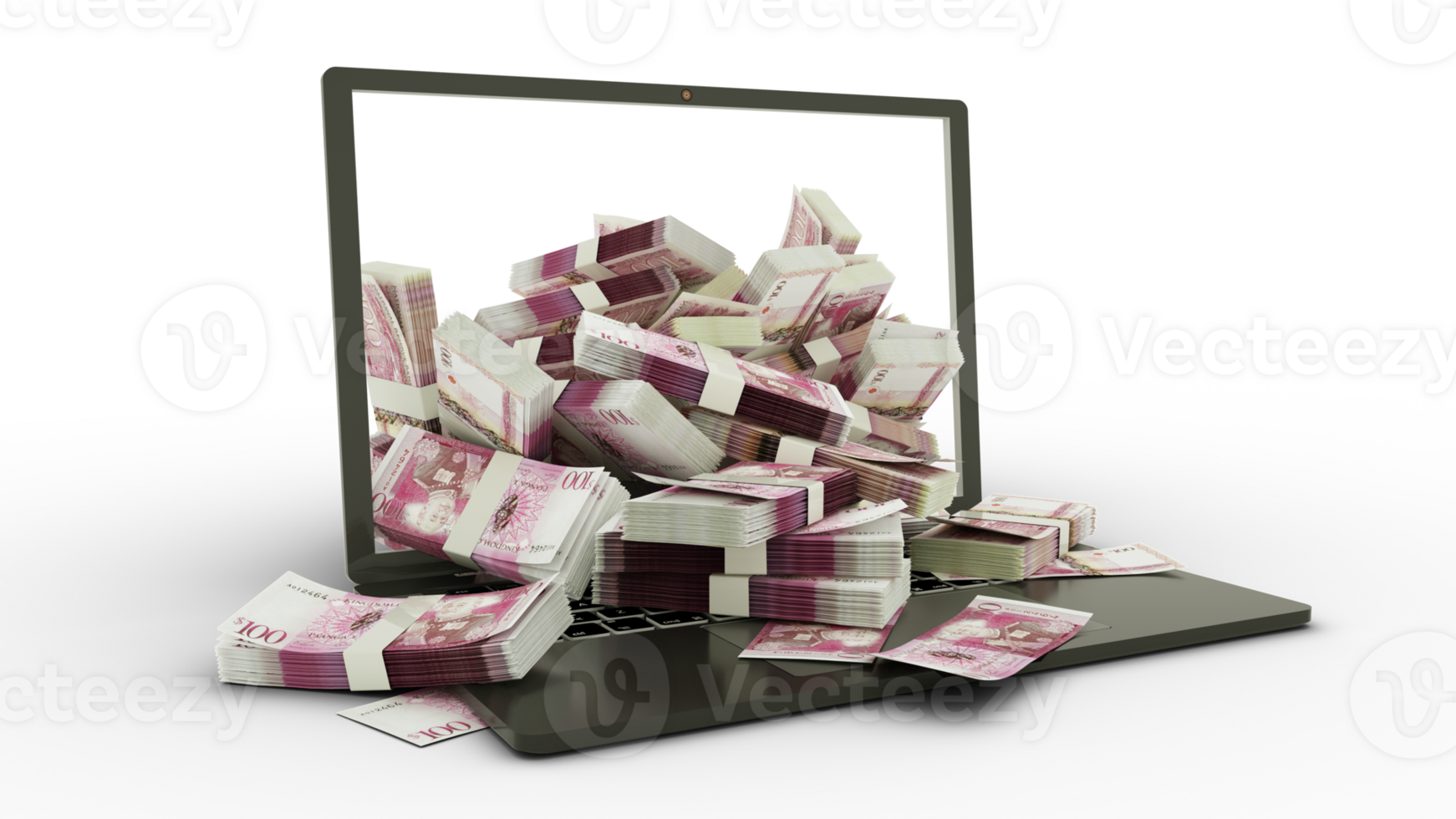 3D rendering of Tongan Paanga notes coming out of a Laptop monitor isolated on transparent background. stacks of Tongan Paanga notes inside a laptop. money from computer, money from laptop png