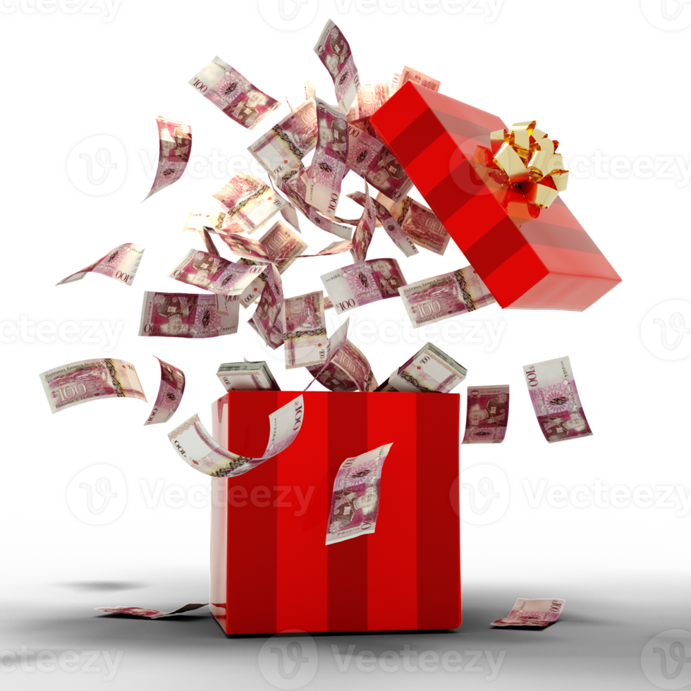 3D rendering of A lot of Tongan Paanga notes coming out of an opened red gift box png